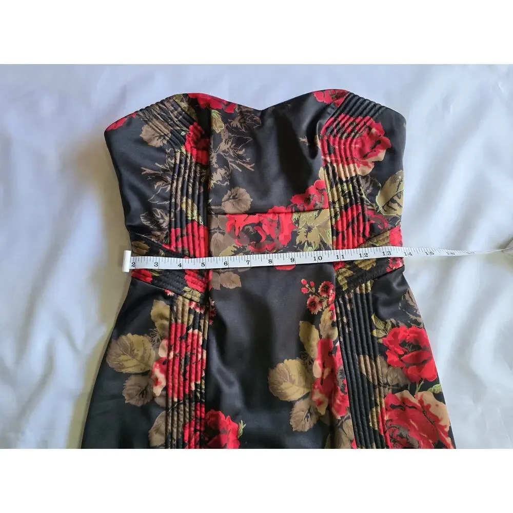 GUESS Floral Bodycon Dress Strapless Sweetheart Neck Black Red Brown Size 3 - Picture 3 of 7